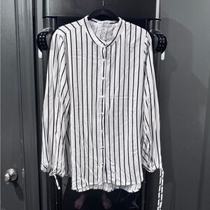 Button-Front Vertical Stripe Blouse in White and Black - Casual Chic